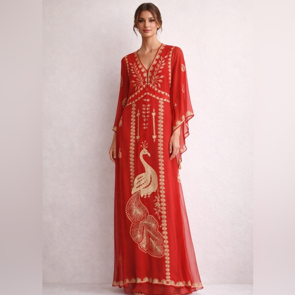 Vintage Calypso St. Barth semi sheer red & gold silk caftan style maxi dress. 0